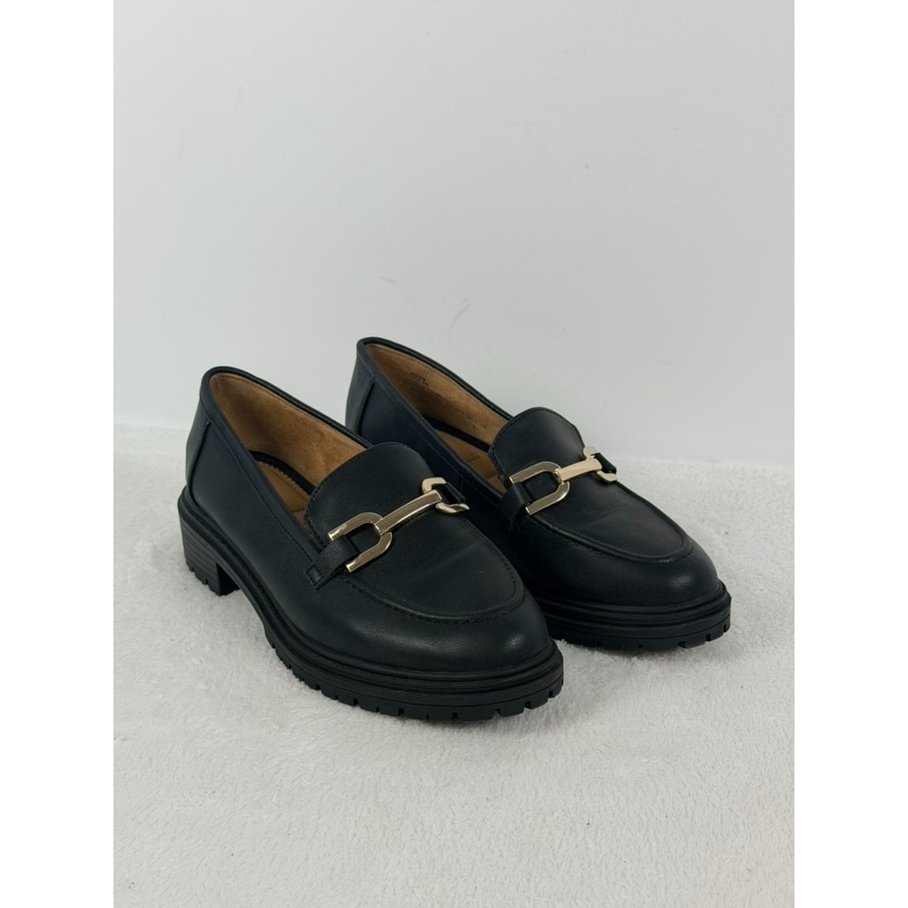 Rachel Zoe Mila Loafers 8 Black Lug Sole Gold Chain Horse Bit Detail Chunky Chic